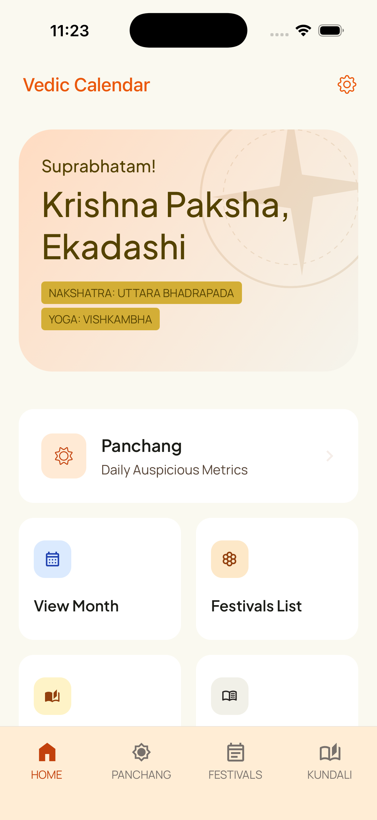 Vedic Calendar Pro home screen