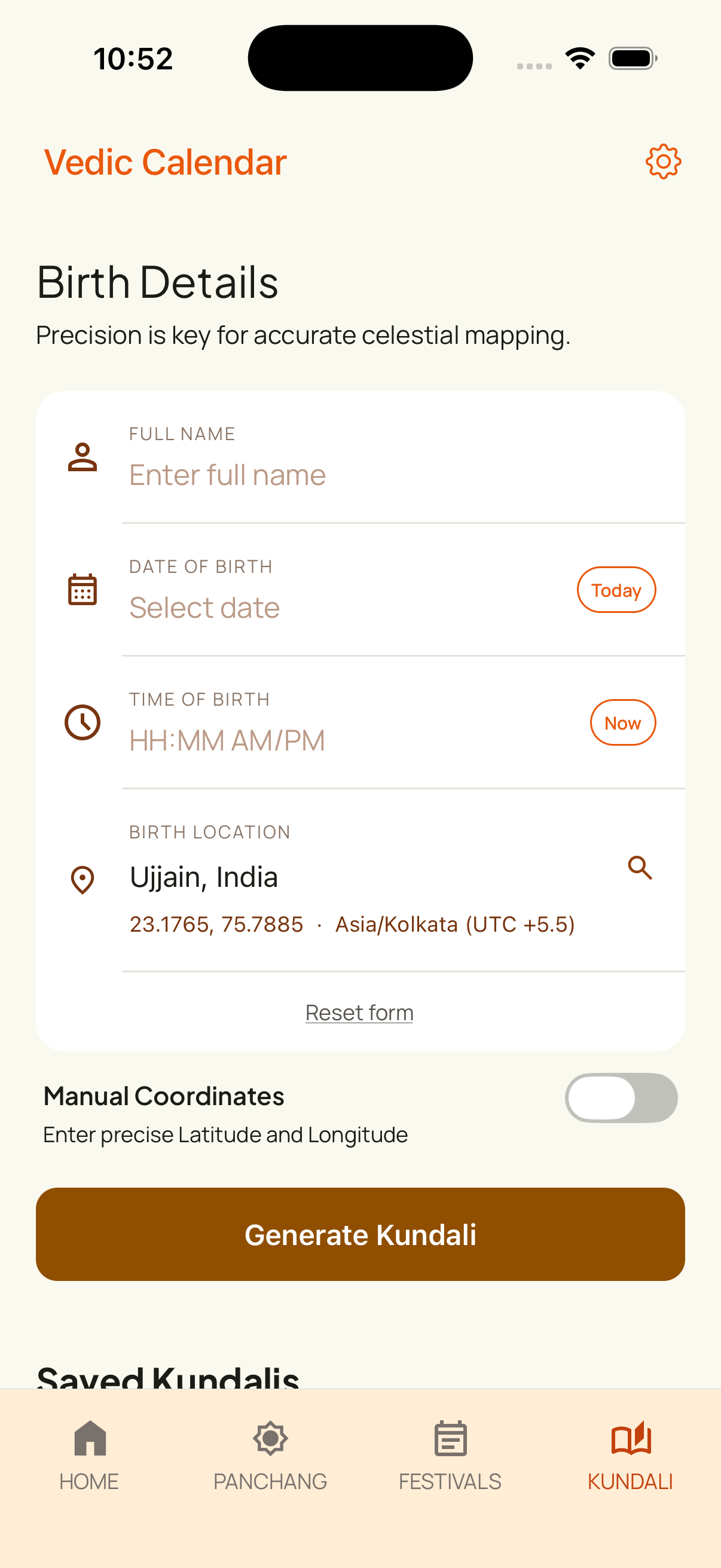 Your kundalis — saved list and birth details form